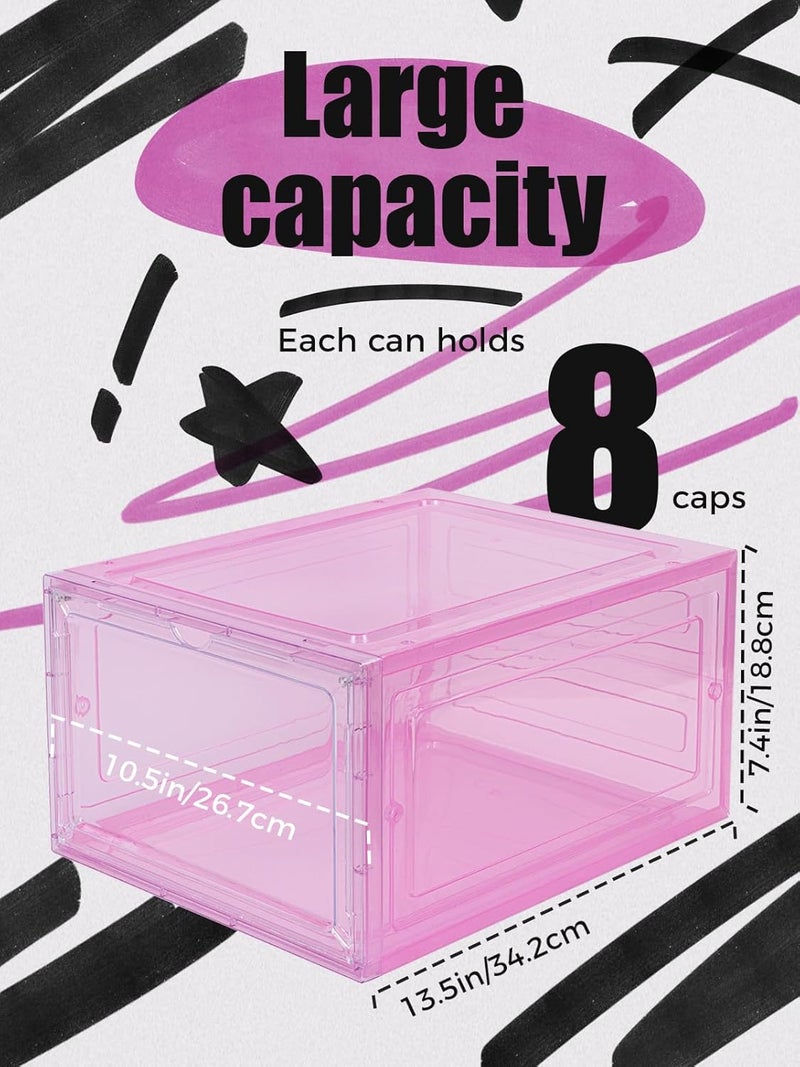 SCAVATA 6 Pack Hat Organizer Box, Stackable Clear Baseball Caps Holder Box Containers with Magnetic Door for Hats Snapback Cap Storag, Hat Rack Display Case, Holds 8 Hats Each (Pink) - Image 2